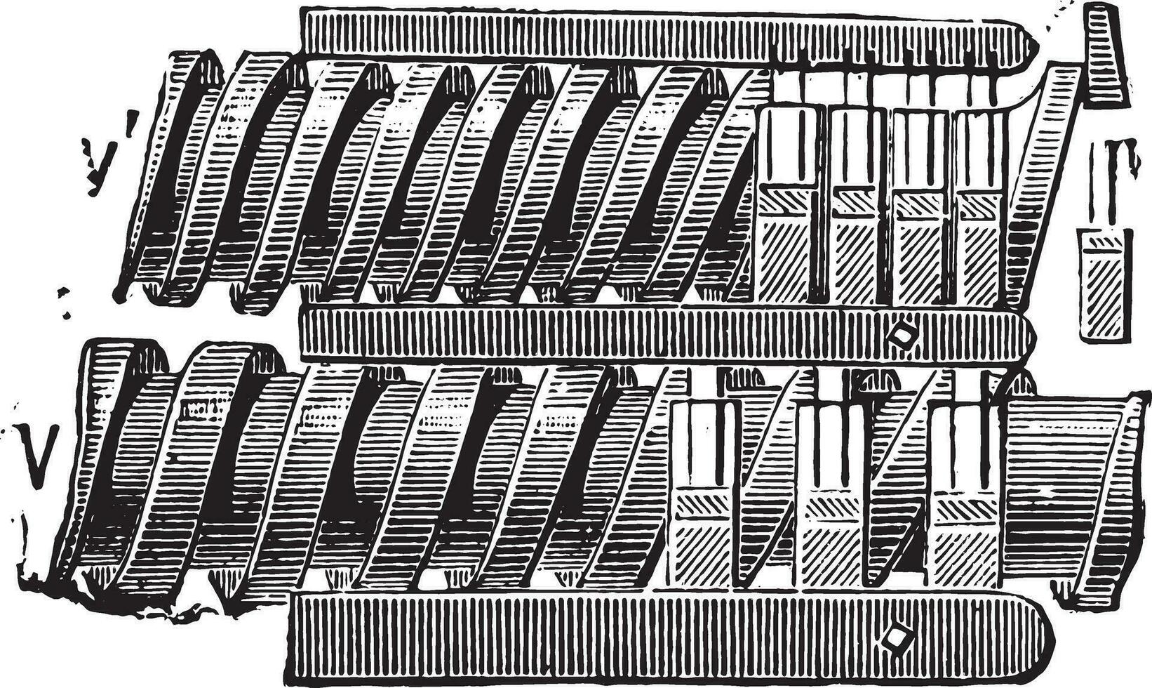 reeks schroeven en bars in de linnen plank, wijnoogst gravure. vector