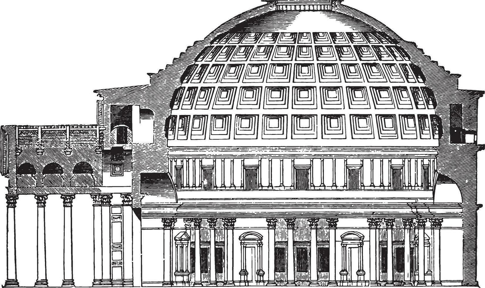 koepel van de pantheon kop in Rome, wijnoogst gravure. vector