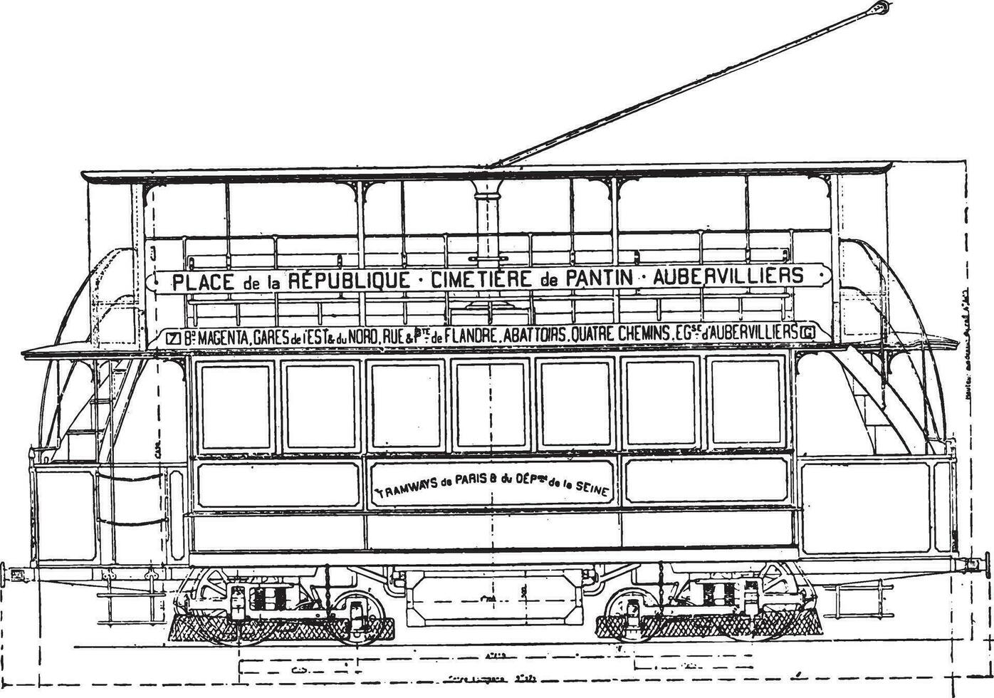 auto batterijen en trolley lijn naar Parijs in Aubervilliers, wijnoogst gravure. vector