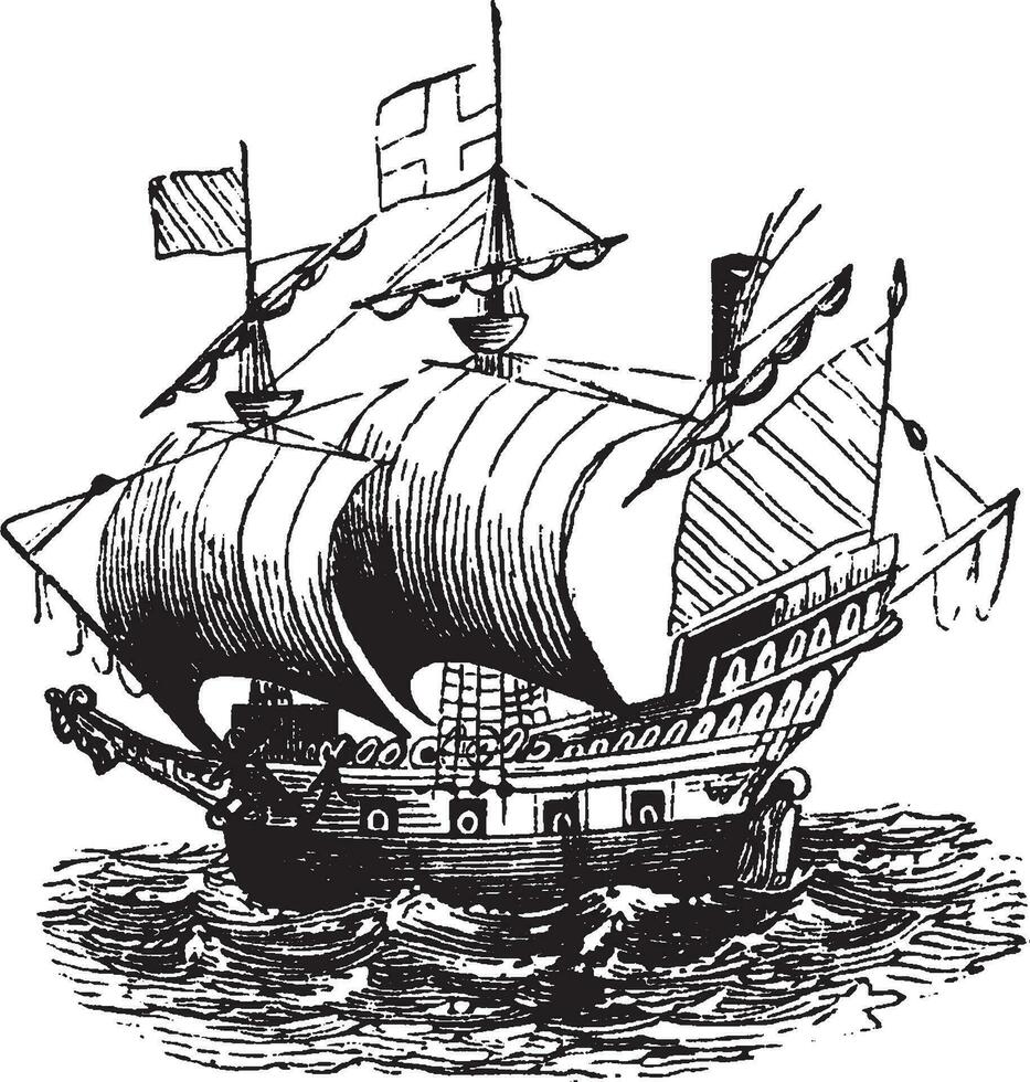 ralegh schip, wijnoogst illustratie. vector