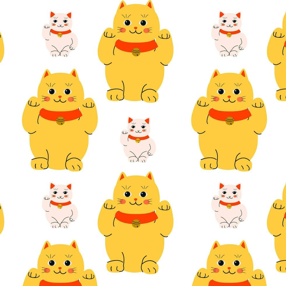 geel kat maneki en wit neko huisdier vector