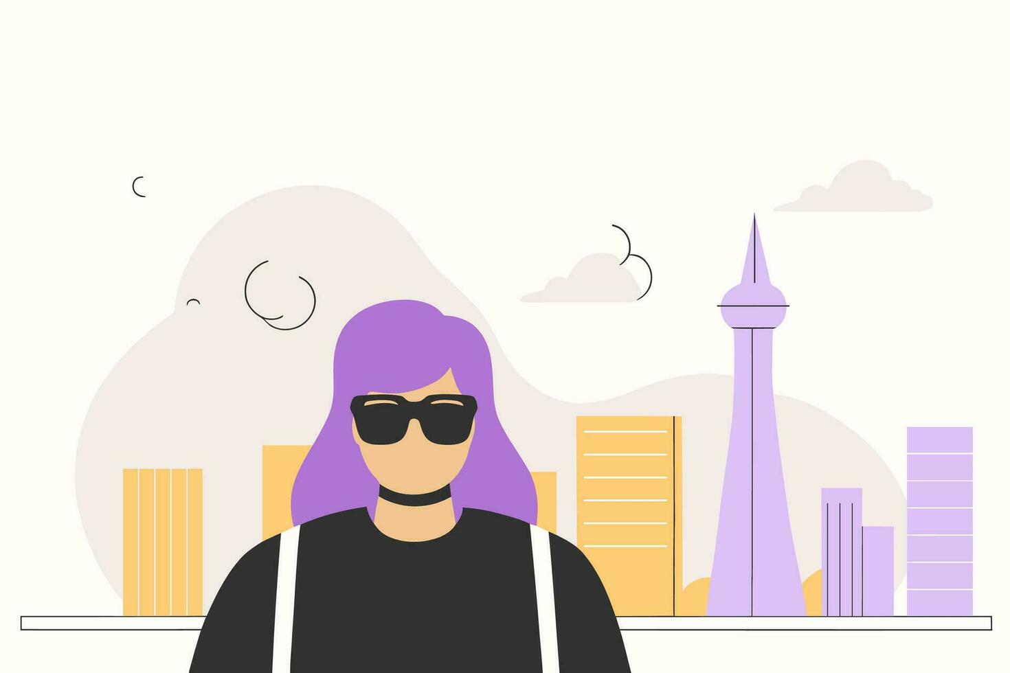 vrouw in zonnebril tegen de backdrop van een stadsgezicht, vlak vector illustratie.