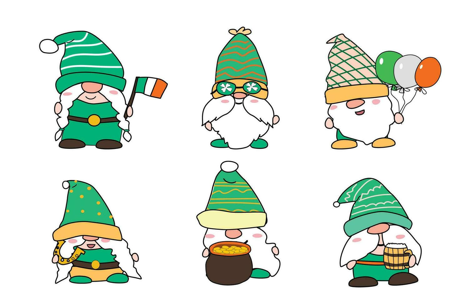 Patrick kabouters in groen hoeden, schattig tekens reeks vector