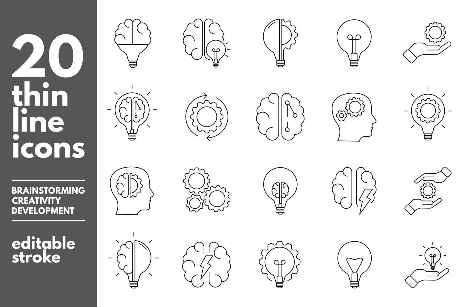 brainstorm dunne lijn iconen set. kunstlicht, hersenen, gloeilamp, creatief, ontwikkeling, kennis, brainstormen, brainstormoplossing bewerkbare slag. vector illustratie