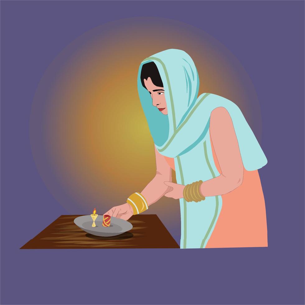 Indiase vrouw die zich voorbereidt op het vieren van diwali of deepavali vector