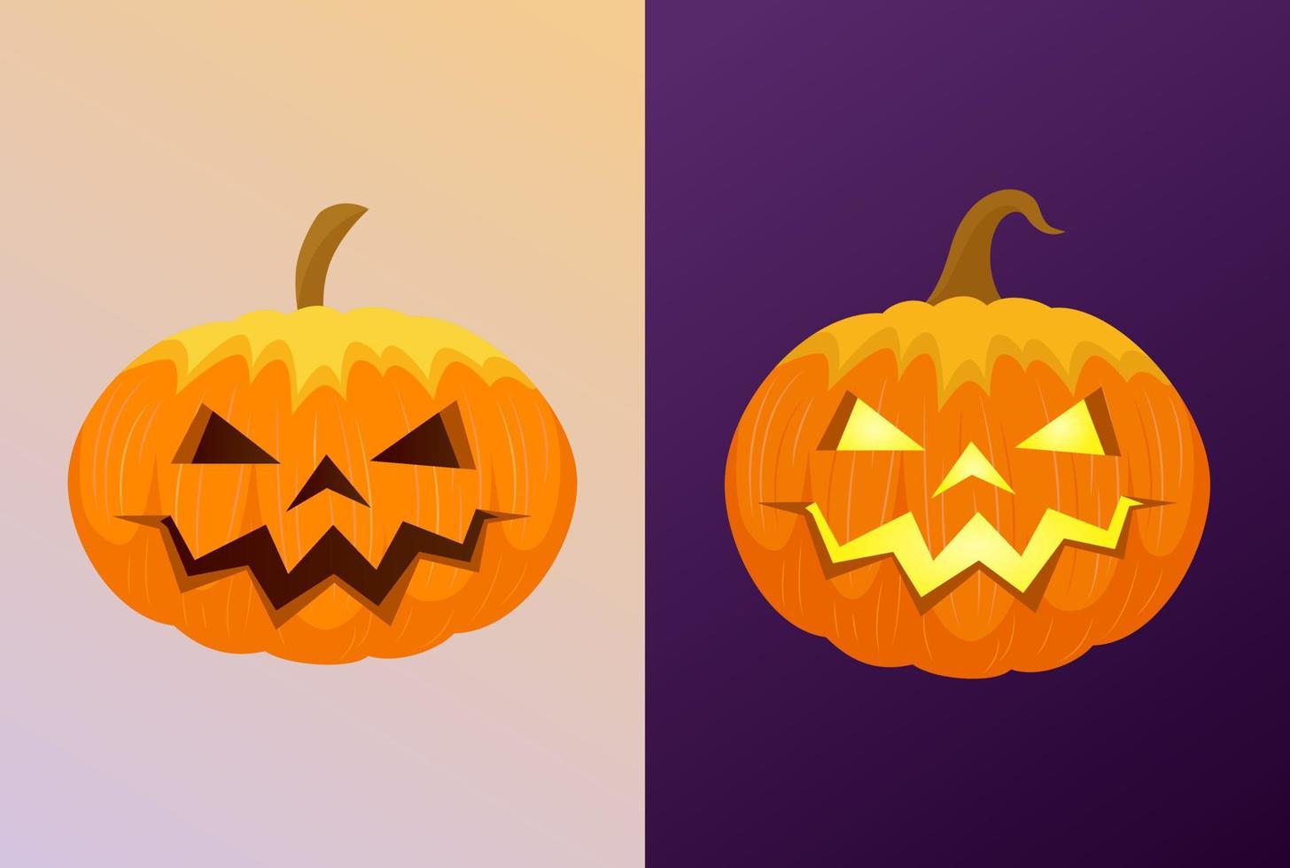 halloween pompoenen gesneden. dag en nacht. enge gloeiende traditionele geïsoleerde pompoen. vector illustratie