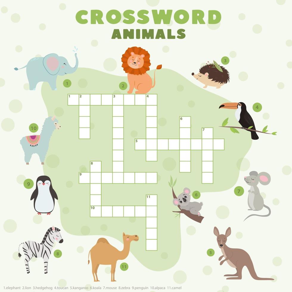 kruiswoordpuzzel voor kinderen met schattige dieren. educatieve spelletjes voor kinderen. vector