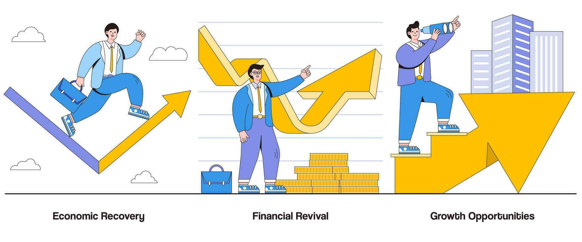 economisch herstel, financieel opwekking, groei mogelijkheden concept met karakter. economisch heropleving abstract vector illustratie set. financieel revitalisering, groei vooruitzichten metafoor