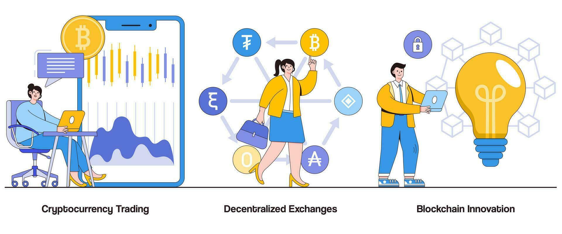 cryptogeld handel, gedecentraliseerd uitwisselingen, blockchain innovatie concept met karakter. crypto financiën abstract vector illustratie set. gedecentraliseerd financiën, blockchain revolutie metafoor