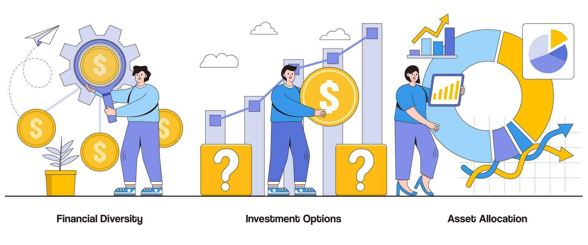 financieel diversiteit, investering opties, Bedrijfsmiddel toewijzing concept met karakter. Bedrijfsmiddel diversificatie abstract vector illustratie set. investering keuzes, risico beheer, financieel verscheidenheid