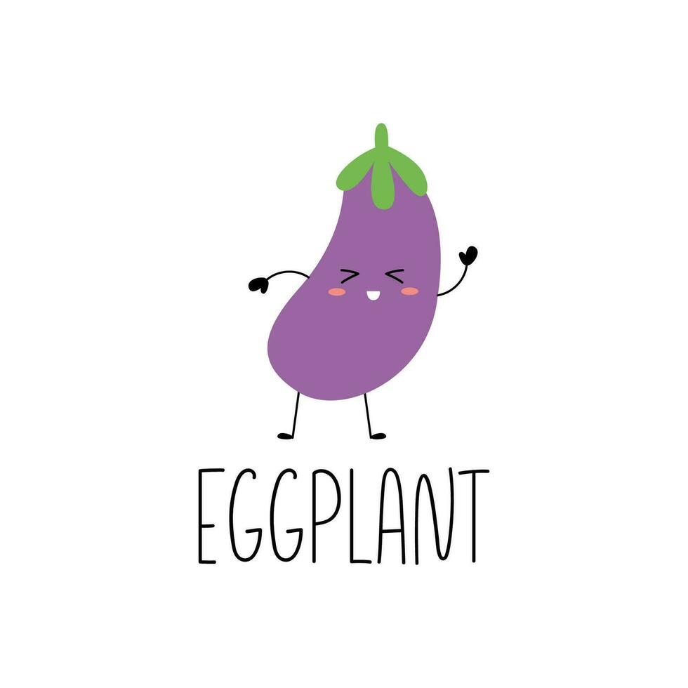 grappig aubergine karakter met het hand- getrokken naam. leren kaart met groente voor kinderen.vector illustratie geïsoleerd Aan wit achtergrond. vector