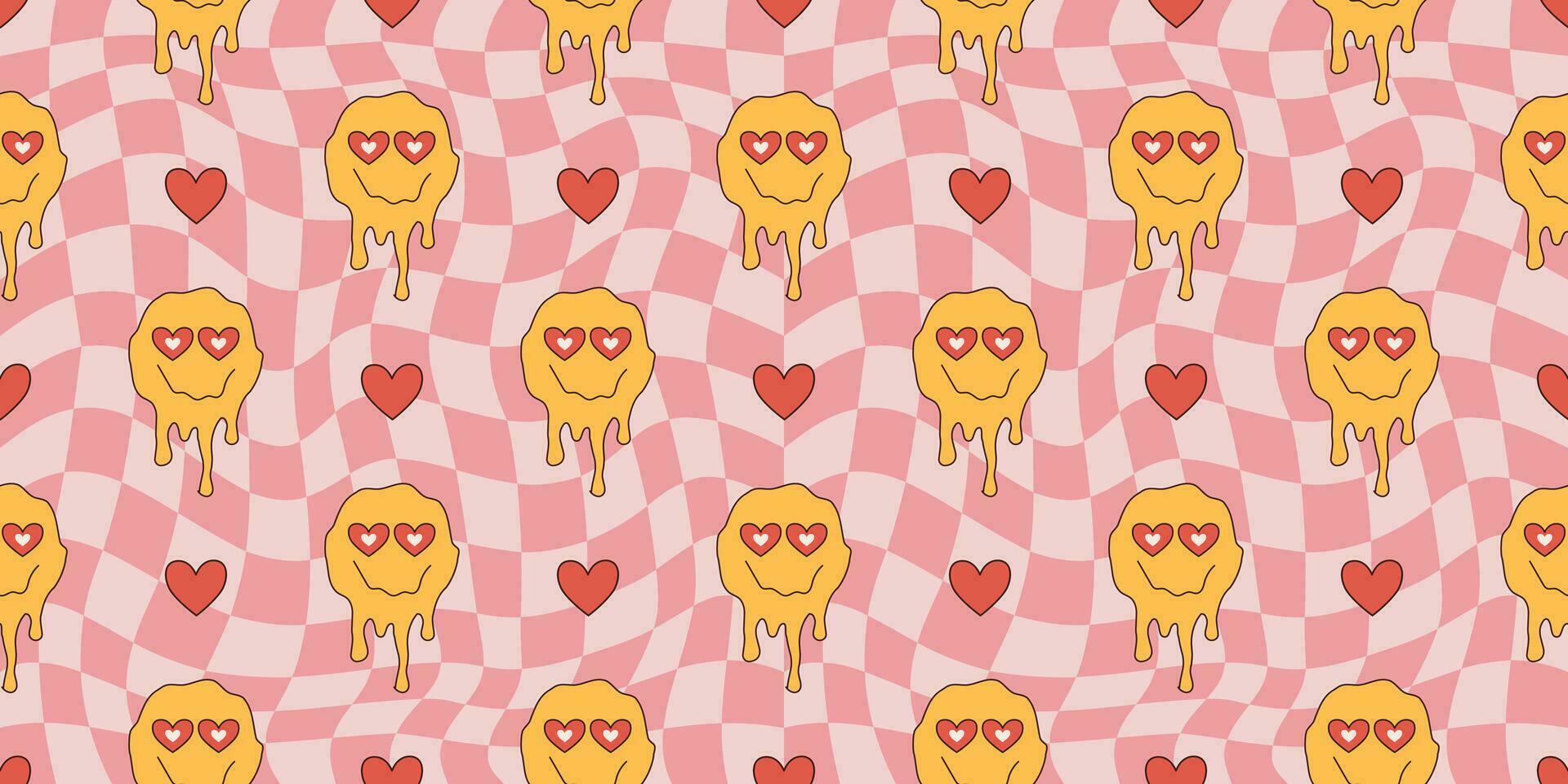 groovy naadloos patroon valentijnsdag dag. retro hippie psychedelisch stijl vector behang in jaren 60, jaren 70. psychedelisch schaakbord