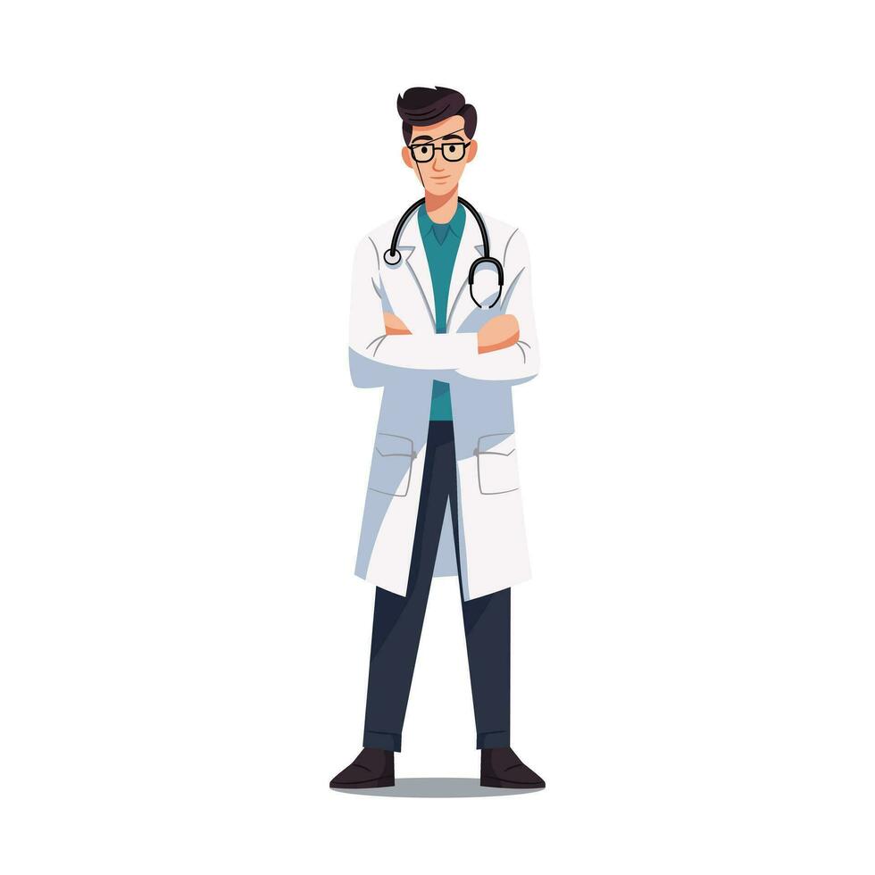 de dokter is staand vol vertrouwen met gekruiste armen. vlak stijl tekenfilm illustratie. vector