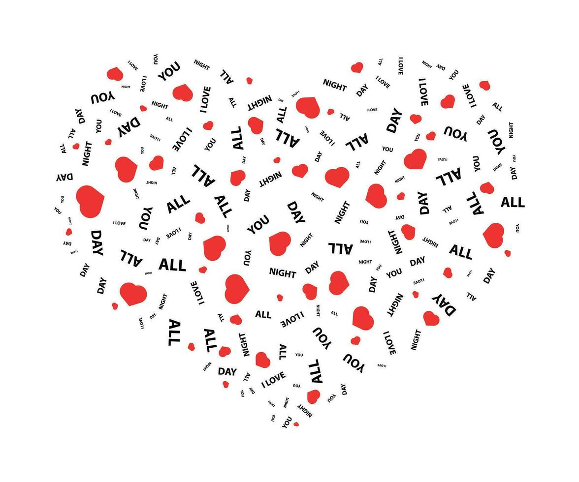 hart vorm gemaakt van rood harten met liefde woorden, ik liefde u kaart met hart. valentijnsdag dag vector illustratie, gelukkig valentijnsdag dag achtergrond met harten.