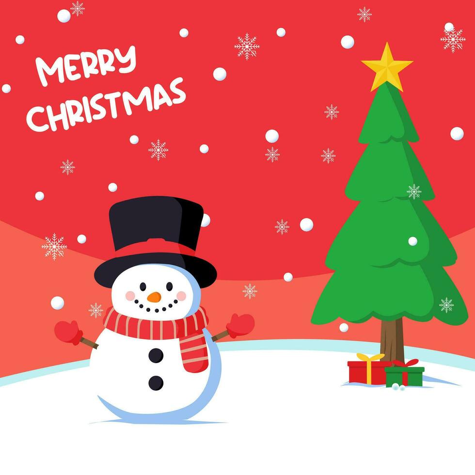 sneeuwman en een Kerstmis boom Aan een rood besneeuwd achtergrond met vrolijk kerstmis. Kerstmis groet kaart illustratie vector