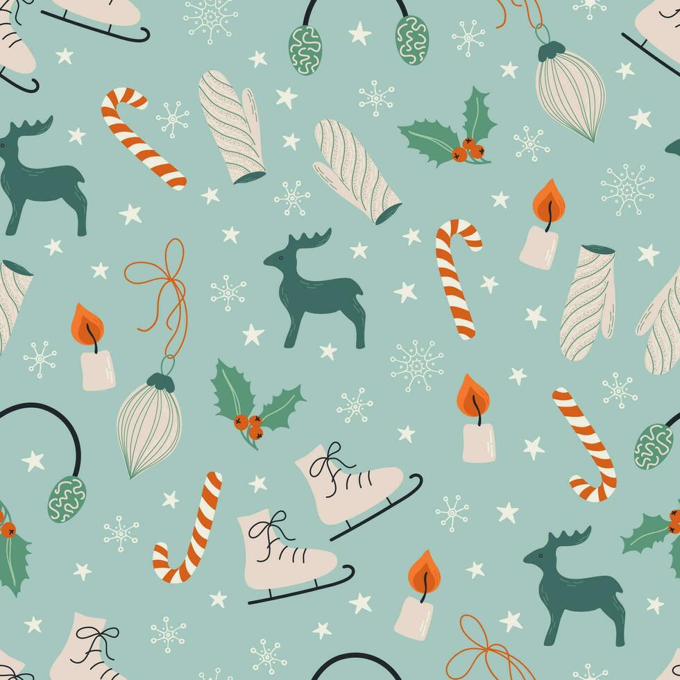 naadloos patroon met schattig winter elementen. retro stijl Kerstmis achtergrond met knus voorwerpen. hand- getrokken vector illustratie.