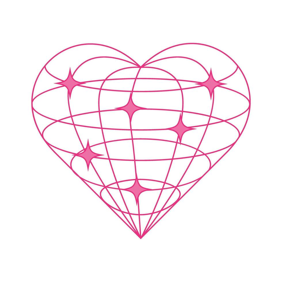 roze wireframe hart met sterren in y2k stijl. vector illustratie