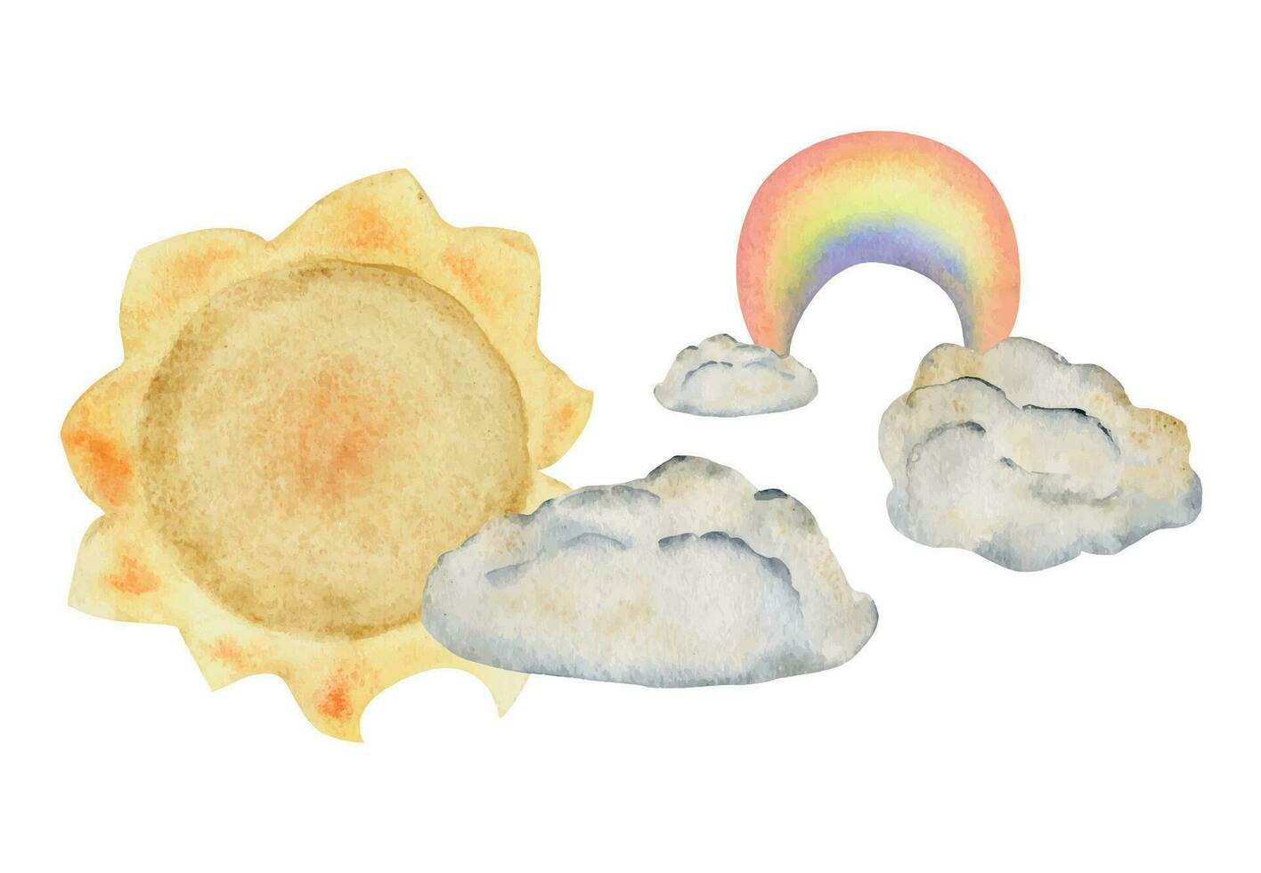 waterverf hand- getrokken illustratie, magisch kosmos universum zon, wolken en regenboog in lucht. samenstelling geïsoleerd Aan wit achtergrond, getextureerde effect. voor kinderen, kinderen slaapkamer, kleding stof, linnengoed afdrukken vector