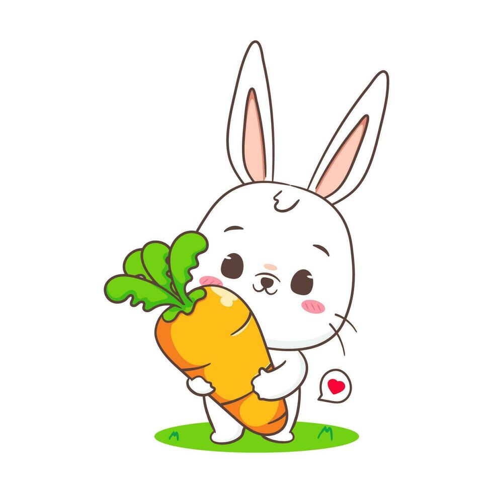 schattig konijn tekenfilm met wortel. aanbiddelijk konijn karakter. kawaii dier concept ontwerp. geïsoleerd wit achtergrond. mascotte logo icoon vector illustratie