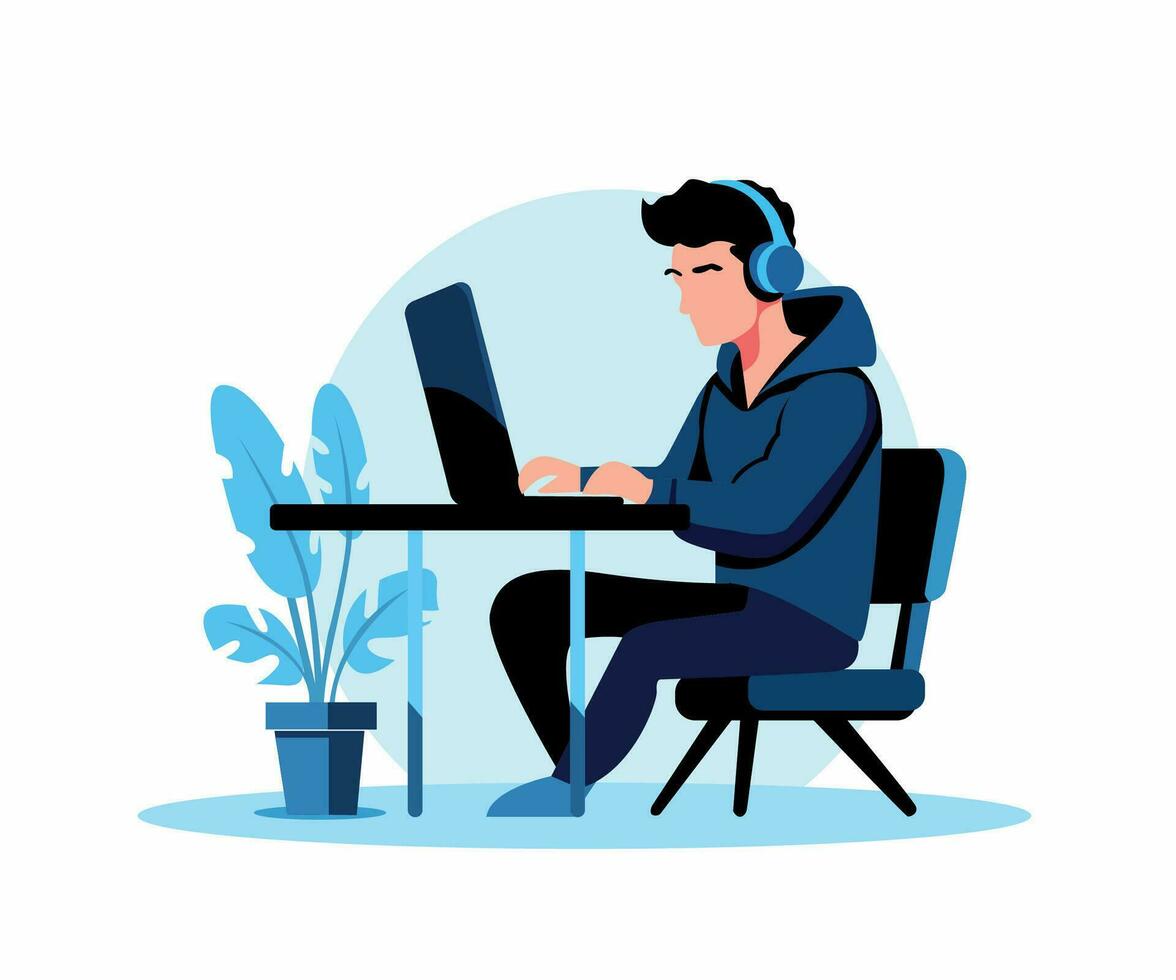 Mens werken Aan laptop vlak illustratie bewerkbare eps vector