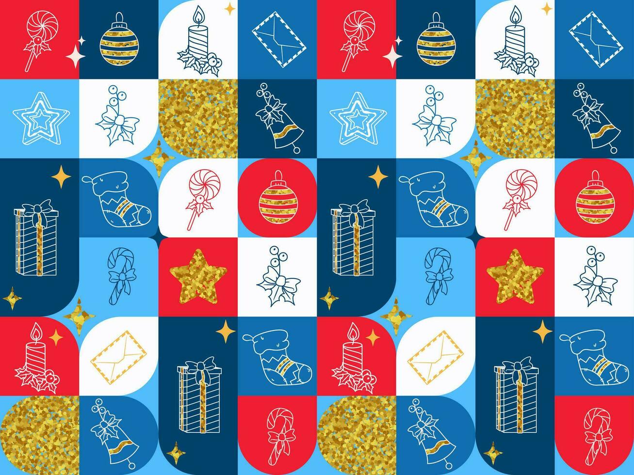 helder vector Kerstmis en nieuw jaar patroon met symbolen van viering en gouden textuur. geschenk, snoep riet, ontbijtkoek, kaars, kous en hulst BES. feestelijk achtergrond schets illustratie