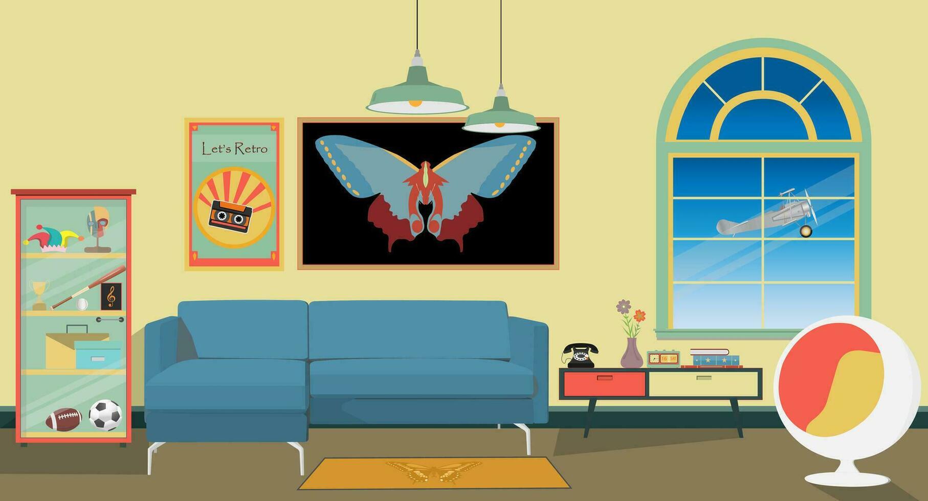 retro kleurrijk leven kamer interieur ontwerp. vlak stijl vector illustratie