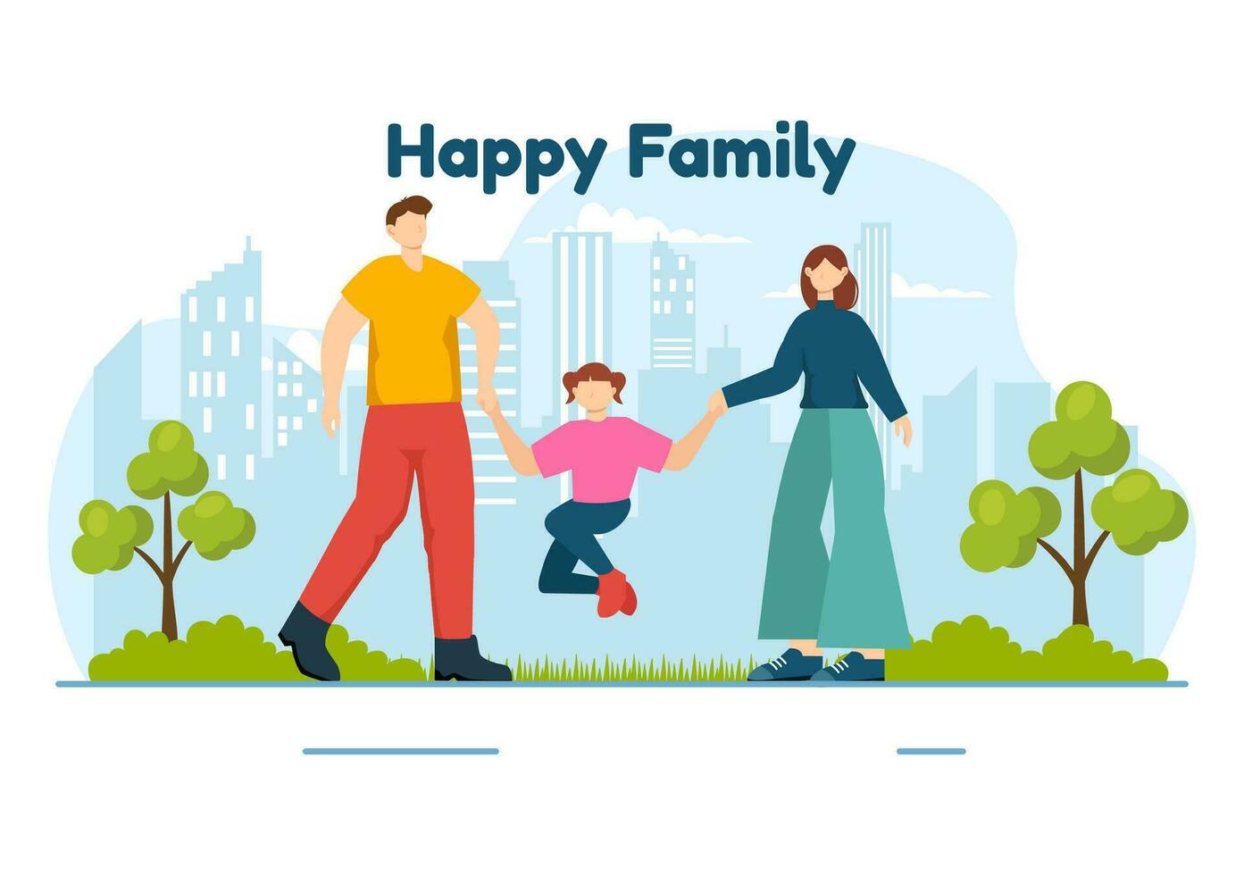 gelukkig familie vector illustratie met mama, vader en kinderen tekens naar geluk en liefde viering in vlak kinderen tekenfilm achtergrond