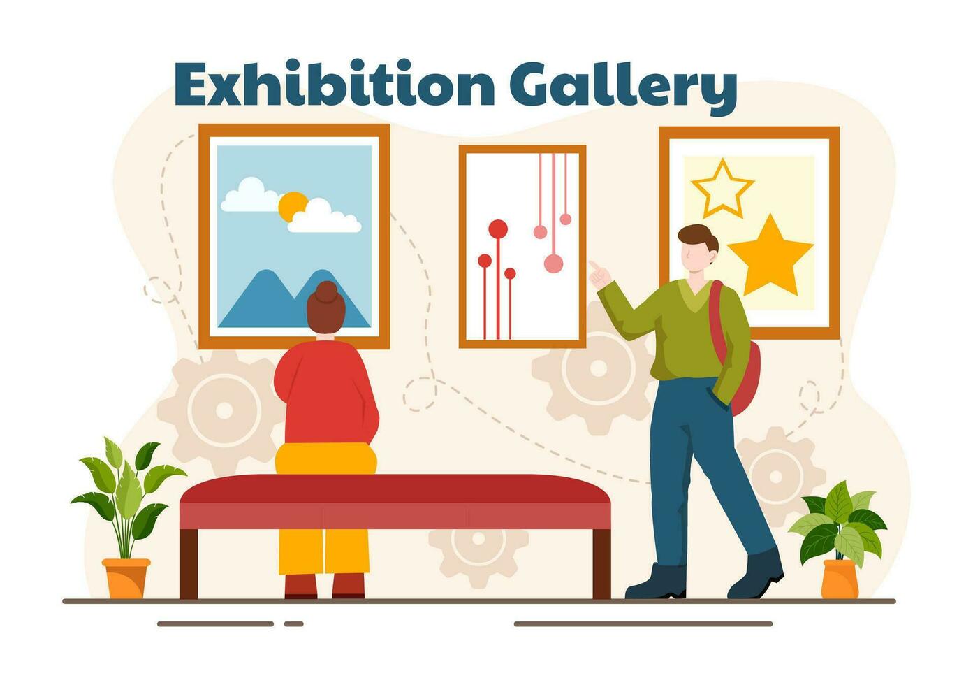 tentoonstelling bezoekers viewing een galerij met modern abstract schilderij Bij hedendaags in expositie hal in vlak tekenfilm achtergrond vector illustratie