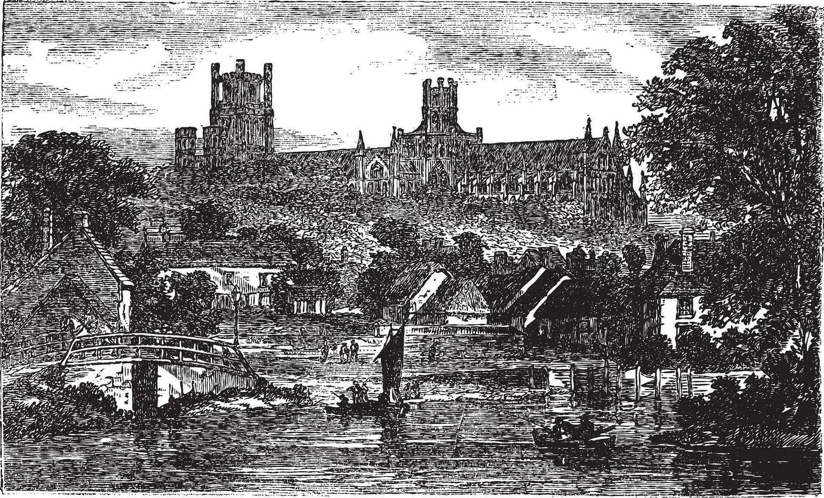 ely kathedraal in Cambridgeshire, Engeland, Verenigde koninkrijk, wijnoogst gravure vector