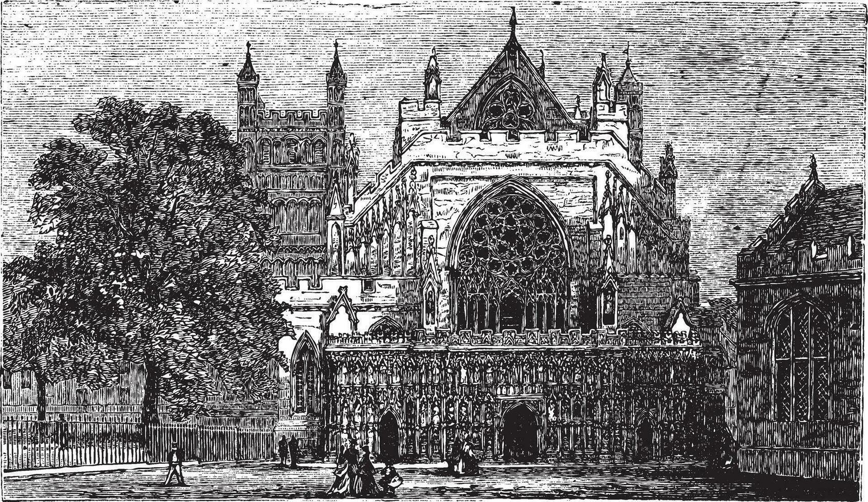 exeter kathedraal in Engeland, Verenigde koninkrijk, wijnoogst gravure vector