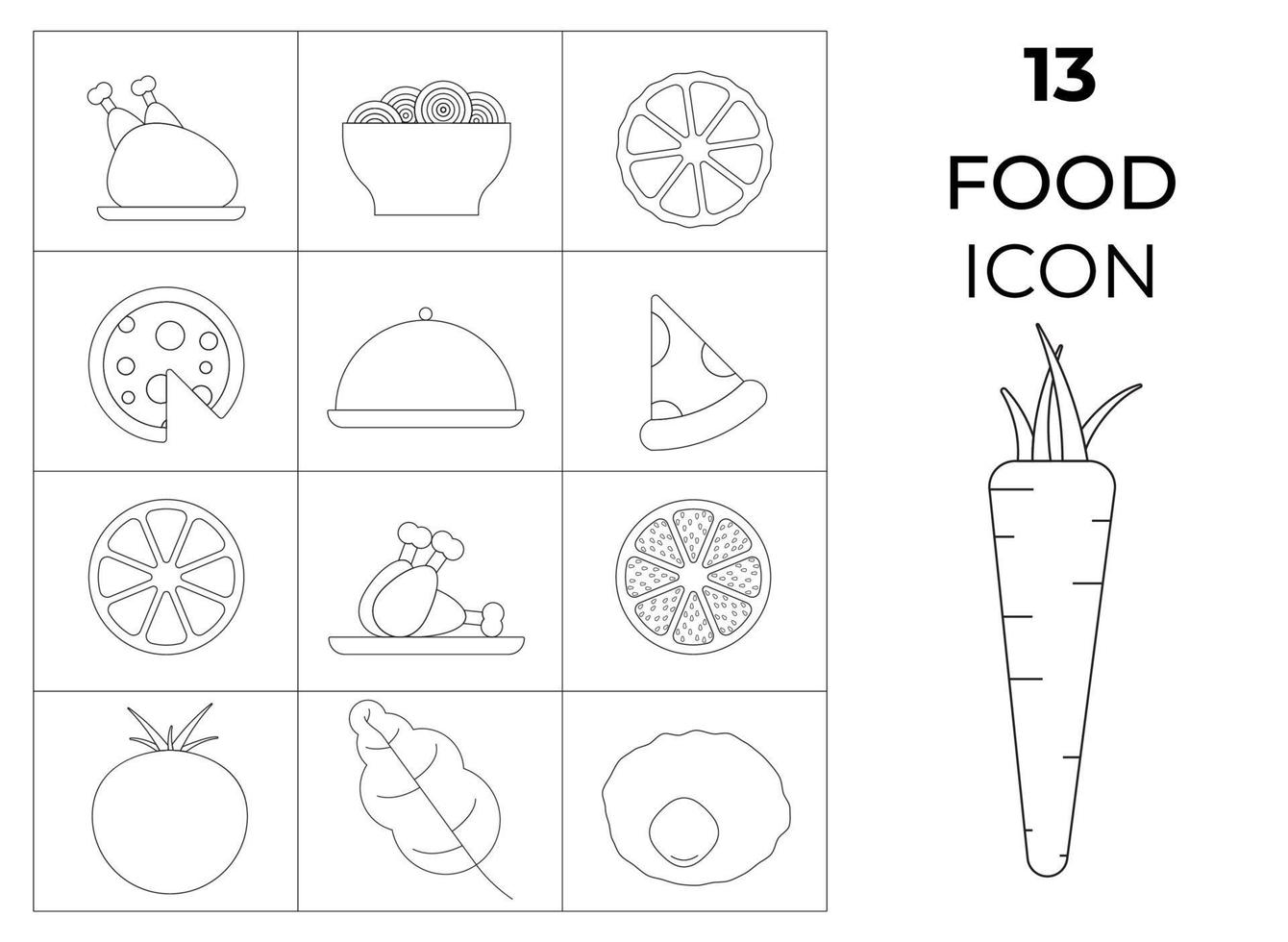 set van 13 zwart-wit voedsel pictogrammen - tomaat, wortel, kip, pizza, salade. vector illustratie