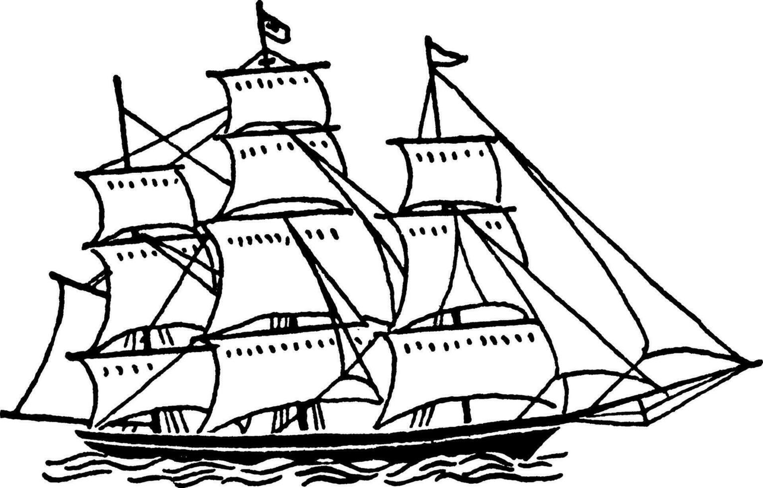 groot schip met zeilen, wijnoogst illustratie. vector