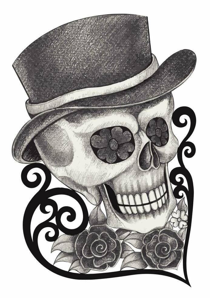 schedel tatoeëren dag van de dood ontwerp door hand- tekening Aan papier. vector