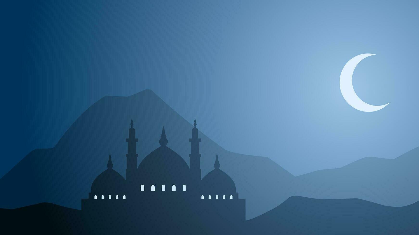 moskee landschap silhouet in de nacht vector illustratie. Ramadan landschap ontwerp grafisch in moslim cultuur en Islam geloof. moskee panorama illustratie, achtergrond of behang