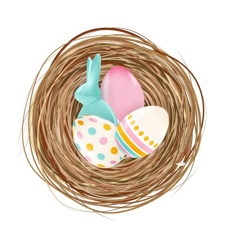 Pasen design element nest met eieren en konijn. vector illustratie