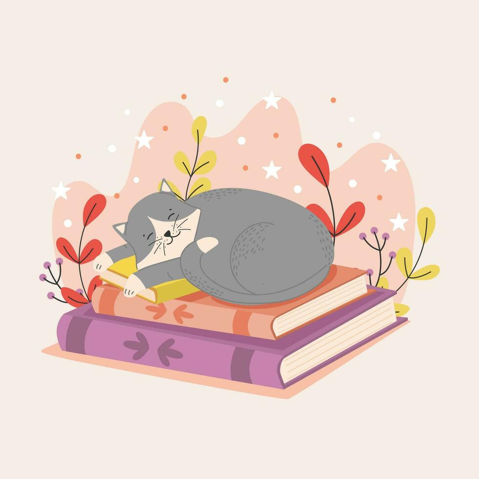 een schattig kat leugens Aan een stack van boeken. boek dag. schattig vector illustratie.