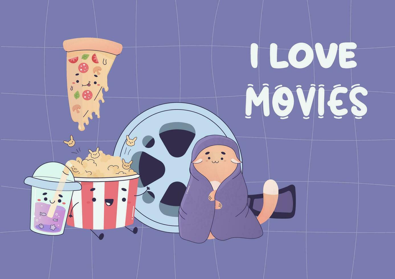 ik liefde films, film nacht, schattig popcorn, pizza, knus film aan het kijken Bij huis vector