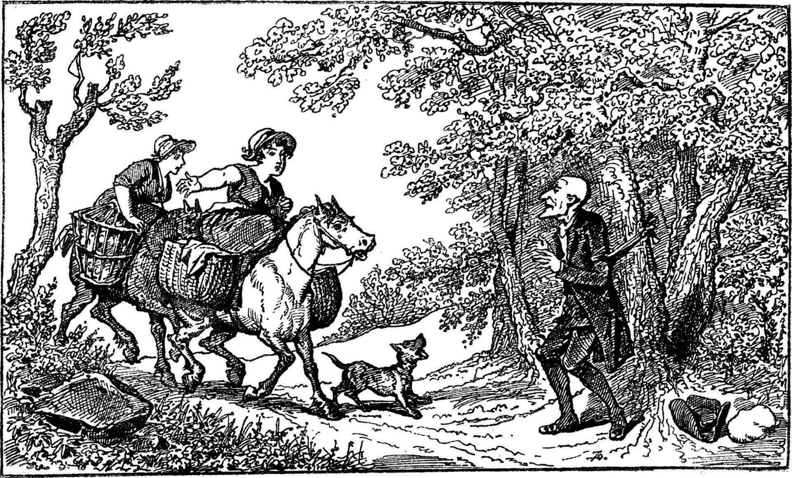 dr. syntaxis gebonden met een touw en twee te paard dorp Dames nadering met een blaffen hond wijnoogst gravure. vector
