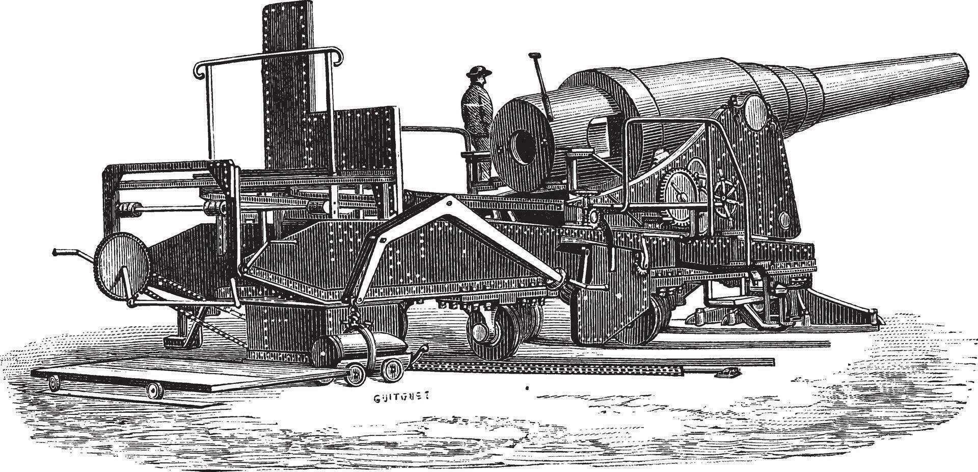 krupp kanon 72 ton wijnoogst gravure vector