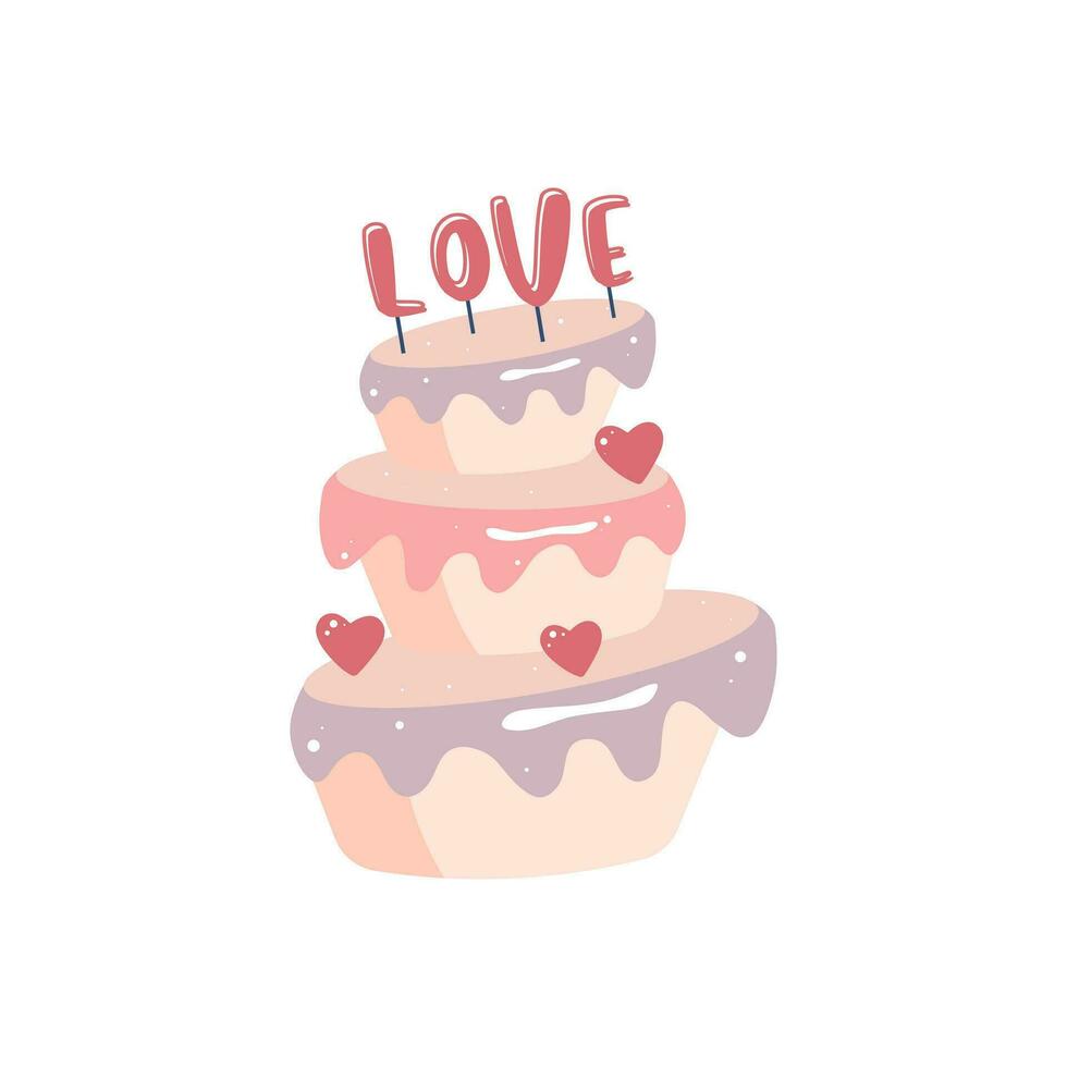 schattig vector liefde sticker taart. valentijnsdag dag taart met tekst liefde. romantisch vector icoon pak pastel kleuren