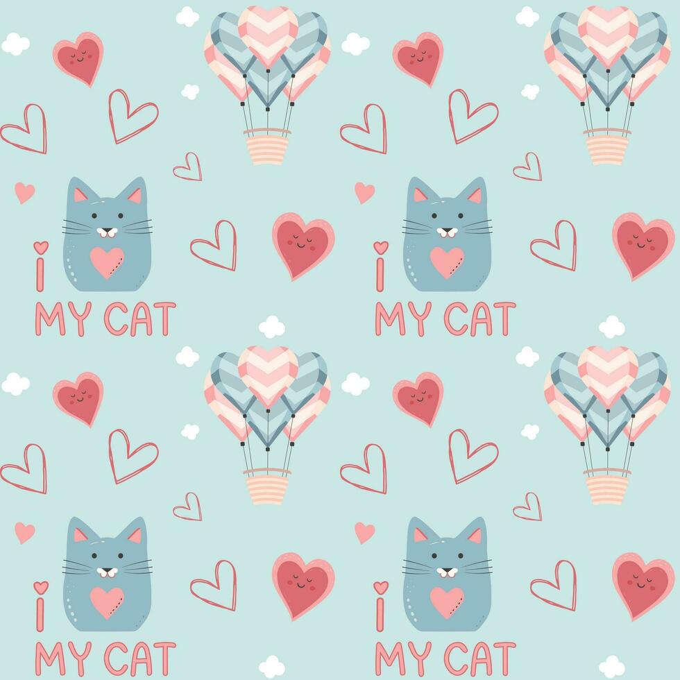 schattig katten en harten naadloos vector patroon. Valentijnsdag dag achtergrond. hart vormen en lucht ballonnen.