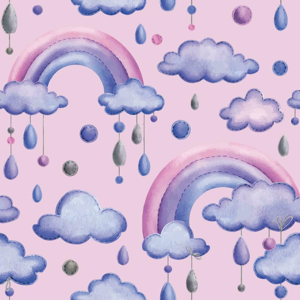 een gestikt regenboog met wolken en regendruppels hangende van touwen in blauw, Purper en roze. kinderachtig schattig hand- getrokken waterverf illustratie. naadloos patroon Aan een roze blauw achtergrond vector