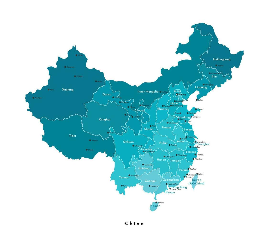 vector modern illustratie. vereenvoudigd geïsoleerd administratief kaart van China prc. wit achtergrond en contouren. namen van sommige steden Peking, hong Kong en Chinese provincies
