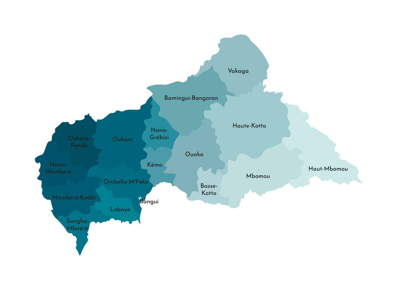 vector geïsoleerd illustratie van vereenvoudigd administratief kaart van centraal Afrikaanse republiek, auto. borders en namen van de Regio's. kleurrijk blauw khaki silhouetten.