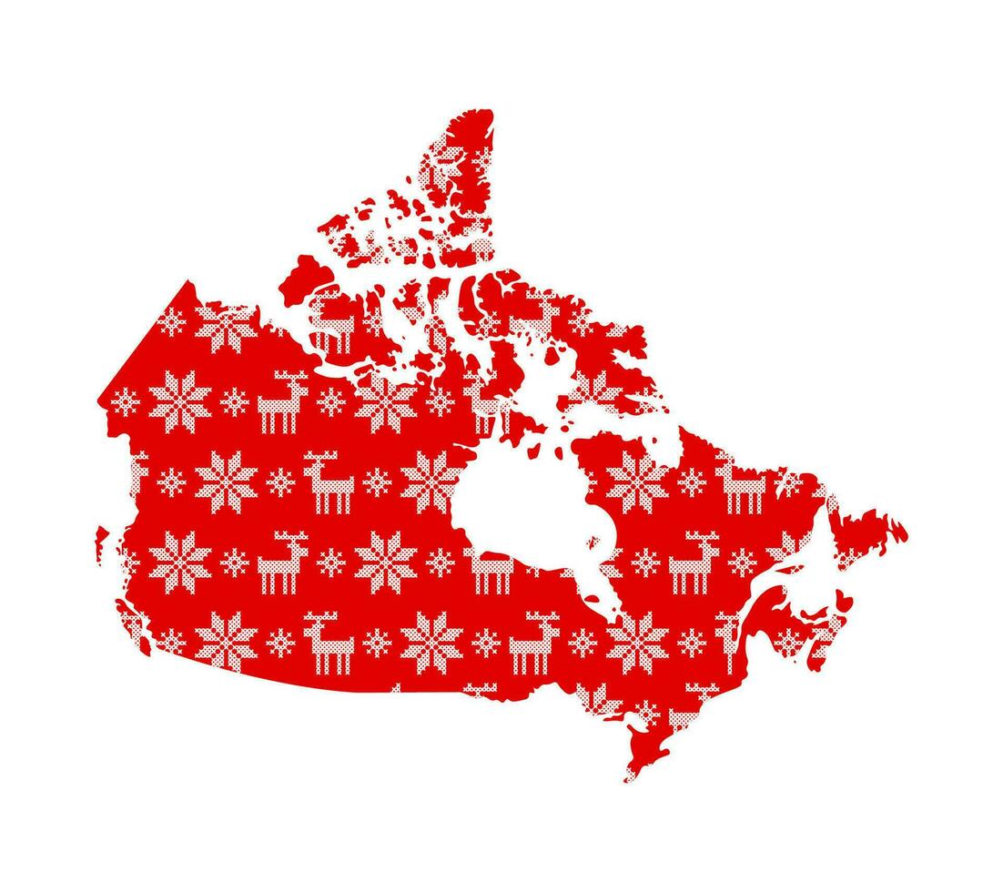 vector geïsoleerd illustratie voor nieuw jaar en Kerstmis vakantie. vereenvoudigd Canada kaart. rood patroon versierd wit kruis gestikt sneeuwvlokken en rendieren.