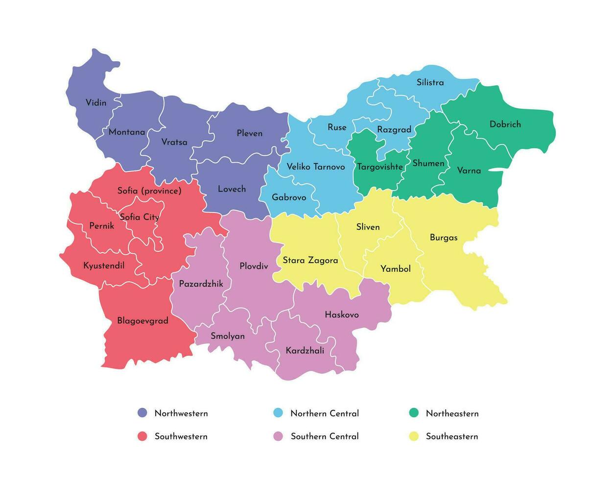 vector geïsoleerd illustratie van vereenvoudigd administratief kaart van bulgarije. borders en namen van de noordelijk, zuiden, oostelijk en west Regio's. multi gekleurde silhouetten.