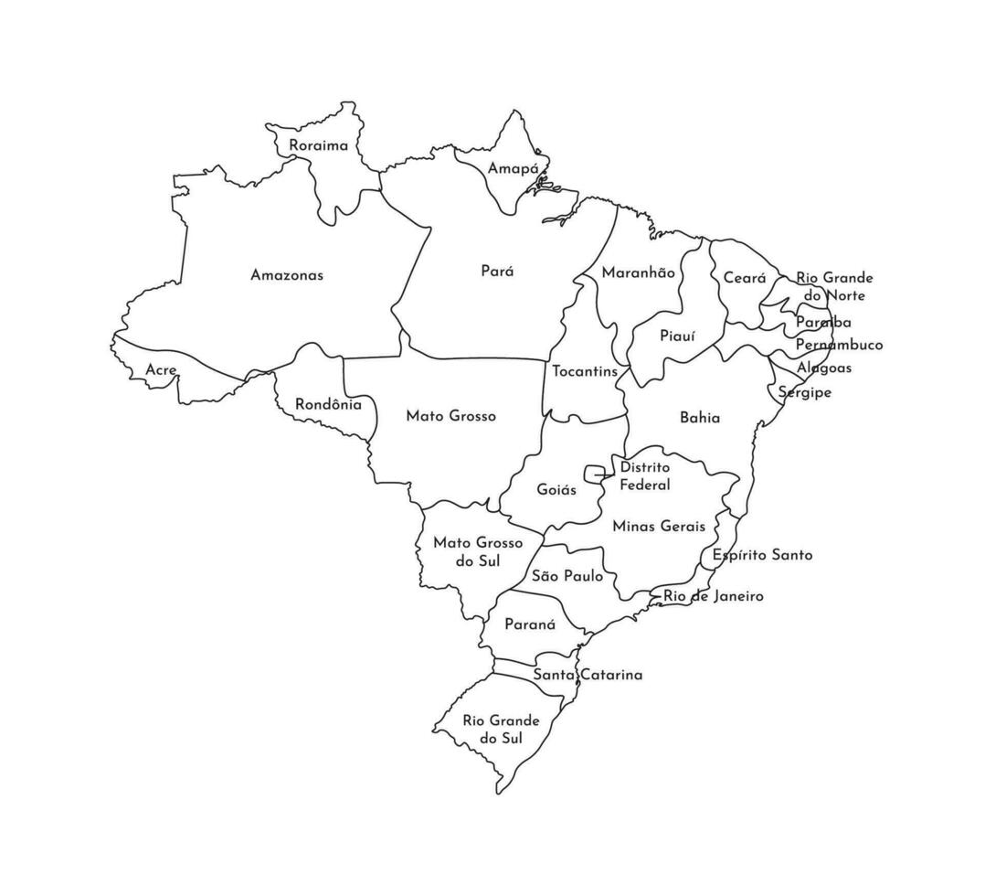 vector geïsoleerd illustratie van vereenvoudigd administratief kaart van Brazilië. borders en namen van de Regio's. zwart lijn silhouetten.