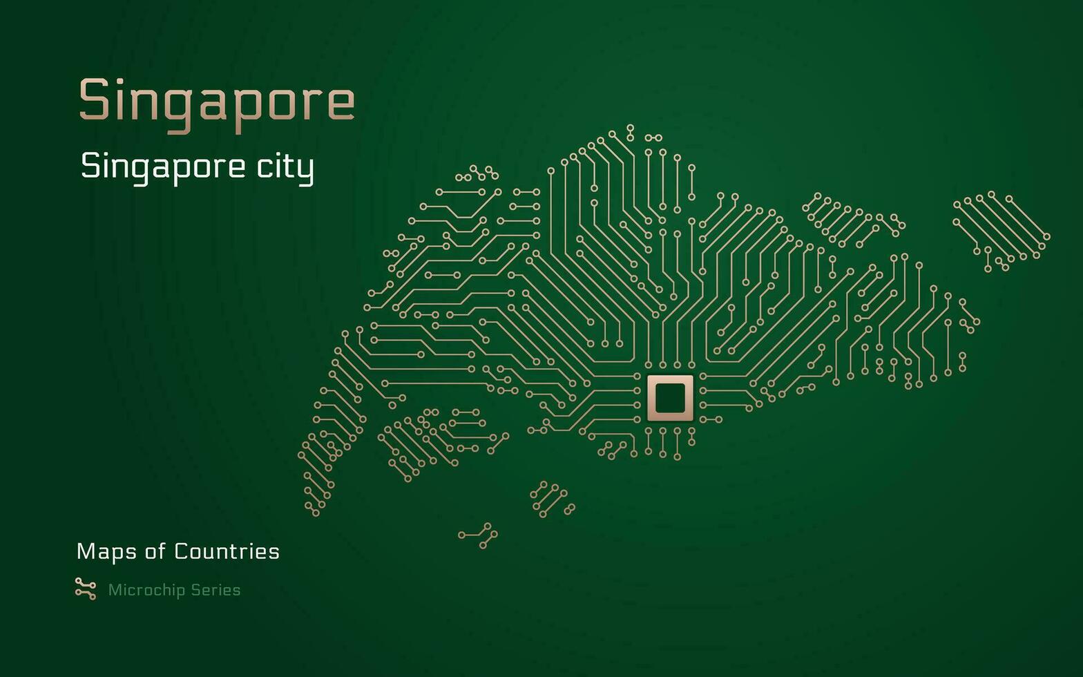 Singapore kaart met een hoofdstad van Singapore stad getoond in een microchip patroon met verwerker. e-overheid. wereld landen vector kaarten. microchip serie