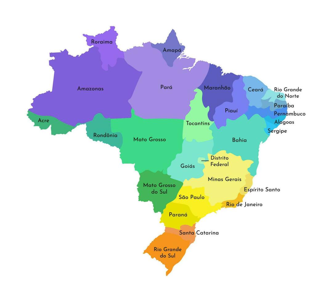 vector geïsoleerd illustratie van vereenvoudigd administratief kaart van Brazilië. borders en namen van de Regio's. multi gekleurde silhouetten.