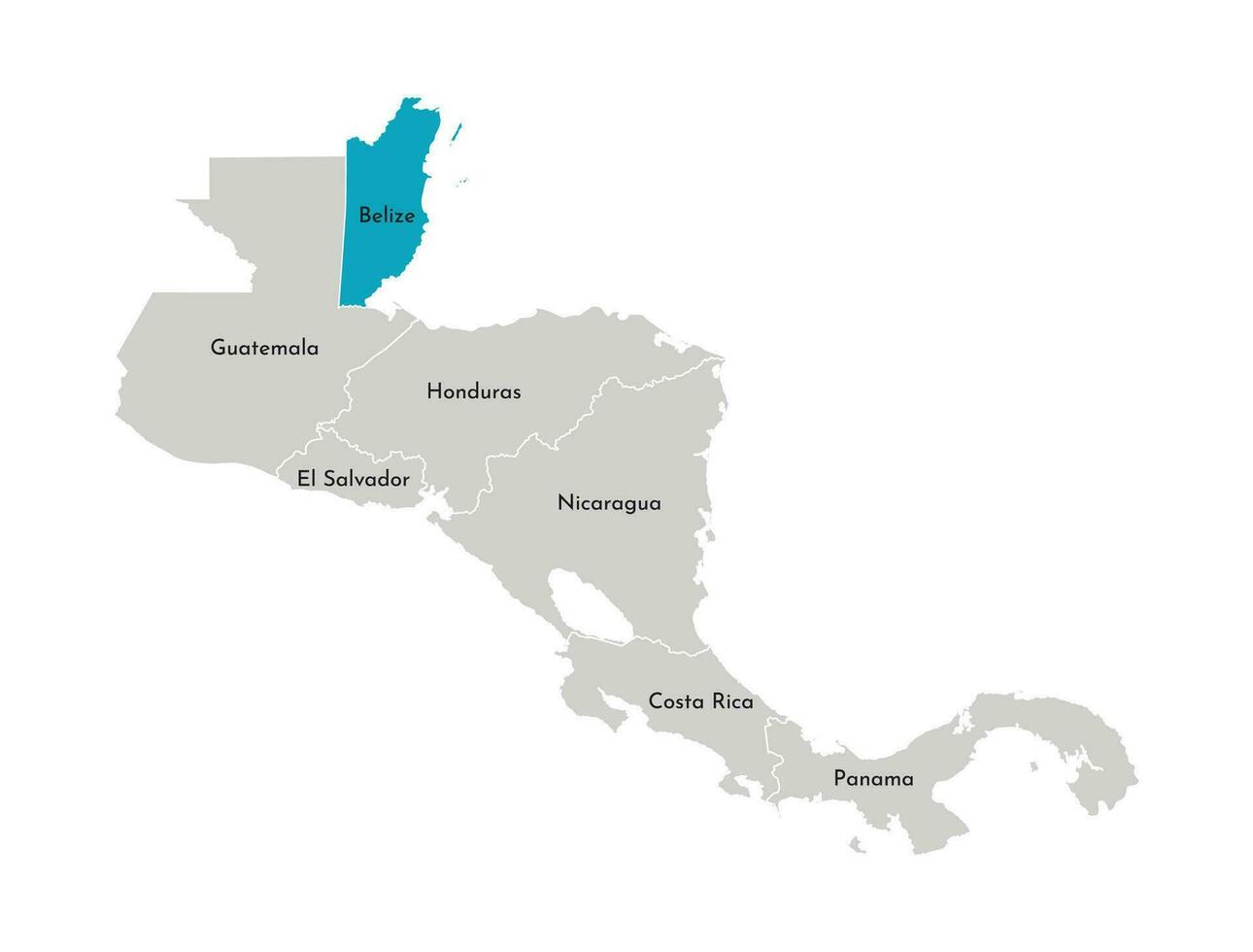 vector illustratie met vereenvoudigd kaart van centraal Amerika regio met blauw contour van belize. grijs silhouetten, wit schets van staten grens.